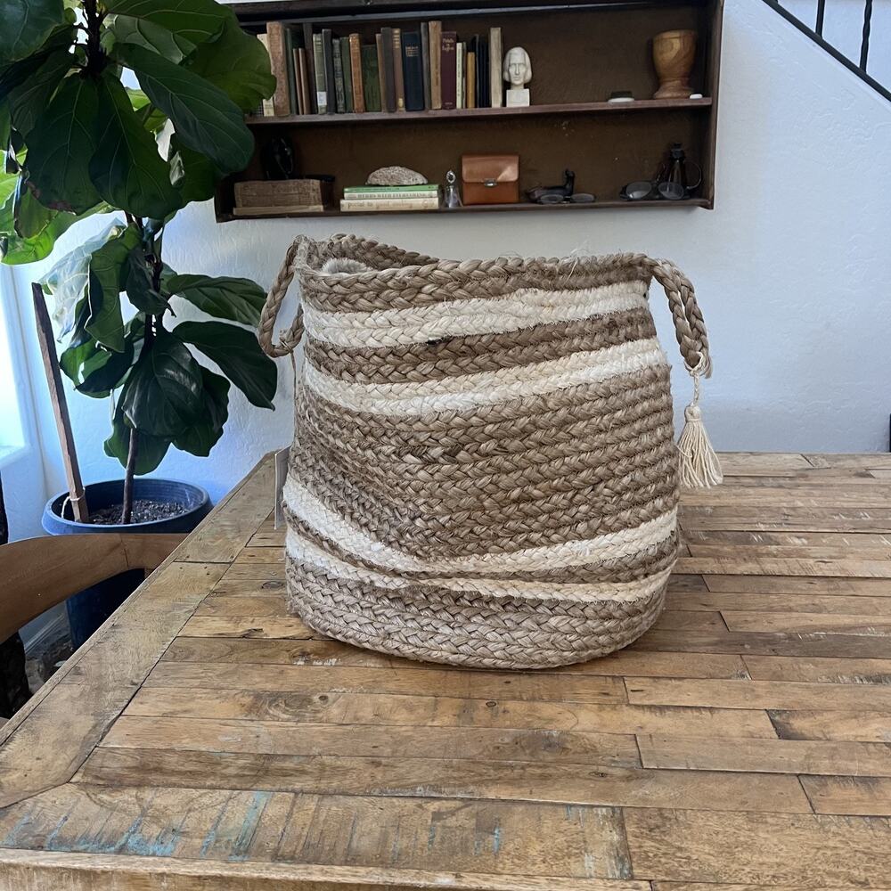 LR Home Natural Beige Jute Striped Storage Decorative Basket